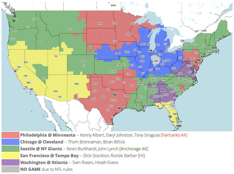 Illustration for article titled Which TV Market's Getting Screwed Today? Your Week 15 NFL Viewing Maps